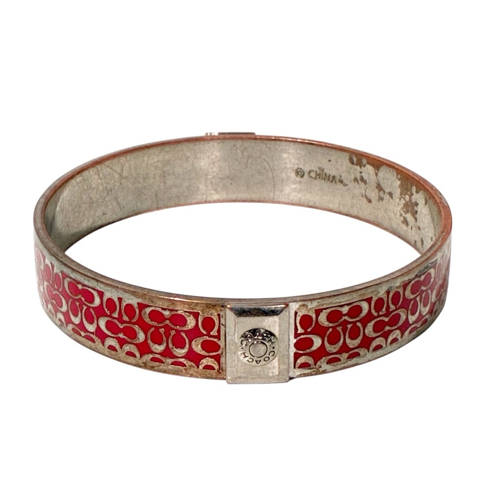 Signed COACH Silvertone Pink Enamel "C" Signature‎ Bangle Bracelet
